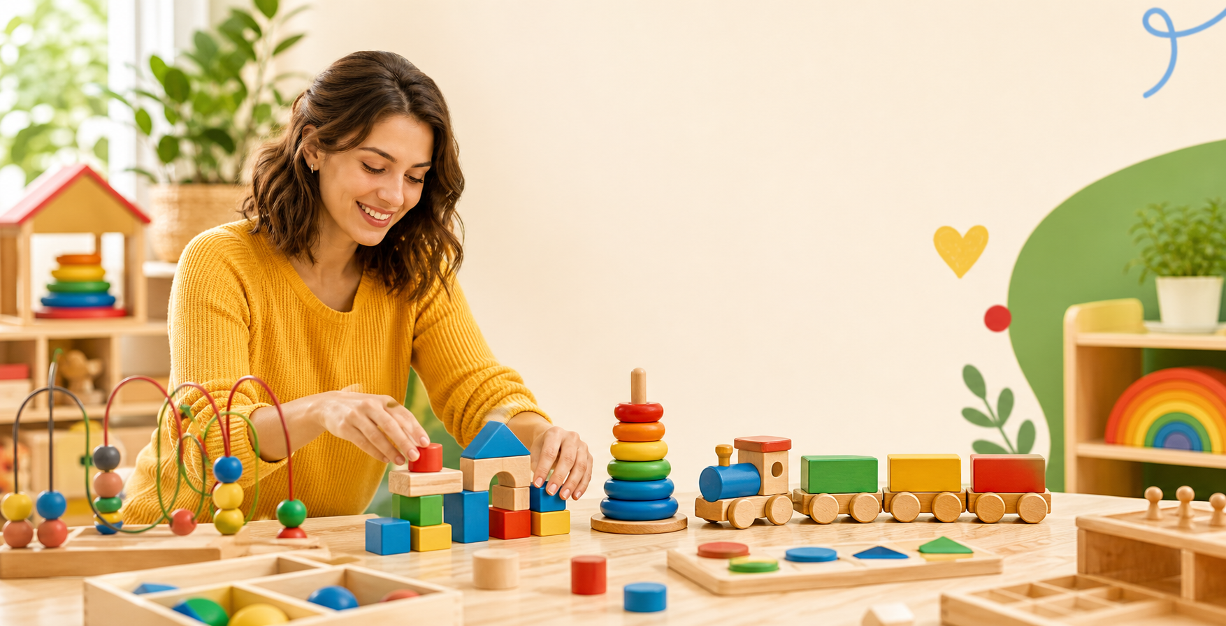 Майка подрежда цветни Montessori играчки